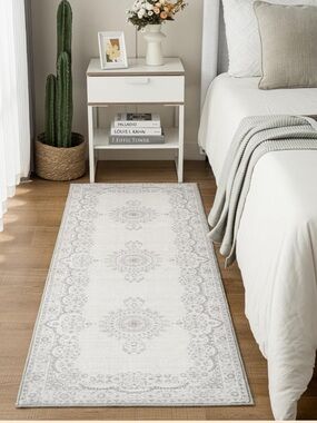 Nwt ISTANA Cream & Light Gray Floral Medallion Runner 2x6